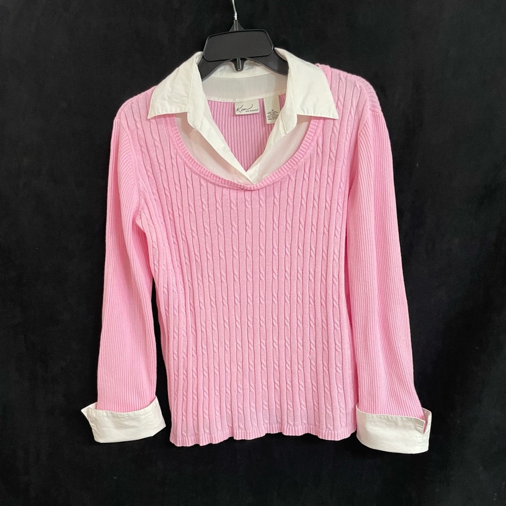 🍭 2/$10 Kim Rogers Women's Pink Cable Knit Sweater Size M GUC